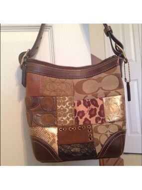 Coach Brown Patchwork Leather & Canvas Crossbody with Metallic Accents